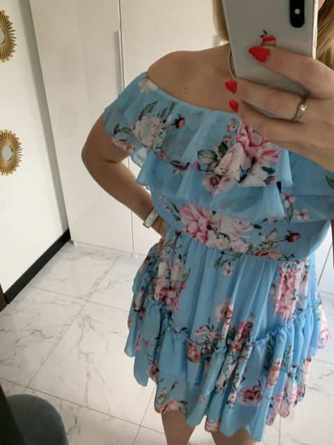 Sukienka w kwiaty hiszpanka FLORENTINA - błękitna Sukienka w kwiaty hiszpanka FLORENTINA - błękitna