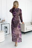 Plisowana szyfonowa długa sukienka z dekoltem, długim rękawkiem i szerokim paskiem - fioletowe duże kwiaty
