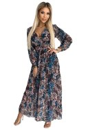 Plisowana szyfonowa długa sukienka z dekoltem, długim rękawkiem i szerokim paskiem - niebiesko-beżowe liście