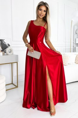 Długa elegancka satynowa suknia na jedno ramię - czerwona