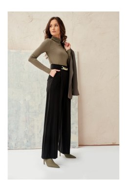 Audrey - szerokie spodnie damskie z ozdobnym łańcuszkiem - czarne