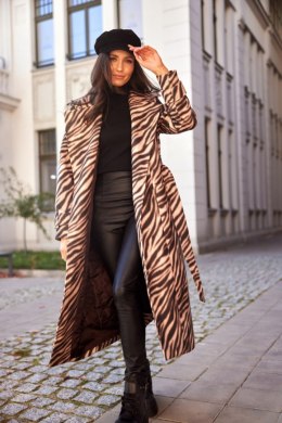 Palermo - Długi płaszcz z wiązaniem w zwierzęcy wzór - camelowa zebra