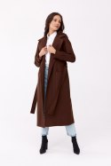 Sovan - długi płaszcz damski z wiązaniem - brązowy