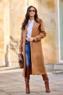 Sovan - długi płaszcz damski z wiązaniem - camelowy