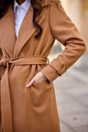 Sovan - długi płaszcz damski z wiązaniem - camelowy