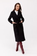Sovan - długi płaszcz damski z wiązaniem - czarny