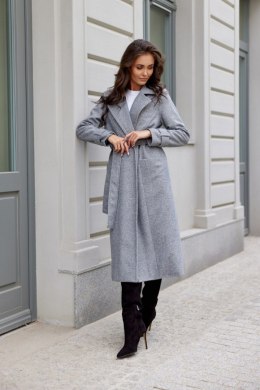 Sovan - długi płaszcz damski z wiązaniem - szary