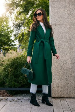 Sovan - długi płaszcz damski z wiązaniem - zielony
