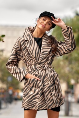 Terra - krótki płaszcz z wiązaniem w zwierzęcy wzór - camelowa zebra