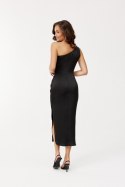 Celine - satynowa sukienka midi na jedno ramię - czarny