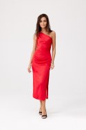 Celine - satynowa sukienka midi na jedno ramię - czerwony
