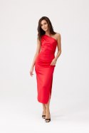 Celine - satynowa sukienka midi na jedno ramię - czerwony