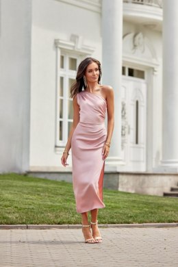 Celine - satynowa sukienka midi na jedno ramię - różowy