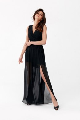 Mirabel - długa sukienka z kopertowym dekoltem i wiązaniem na plecach - czarny