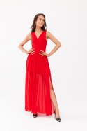 Mirabel - długa sukienka z kopertowym dekoltem i wiązaniem na plecach - czerwony