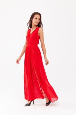 Mirabel - długa sukienka z kopertowym dekoltem i wiązaniem na plecach - czerwony