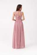 Mirabel - długa sukienka z kopertowym dekoltem i wiązaniem na plecach - różowy ciemny