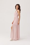Mirabel - długa sukienka z kopertowym dekoltem i wiązaniem na plecach - różowy