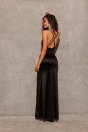 Lamelia - długa sukienka z odkrytymi plecami na ramiączkach satyna - czarny