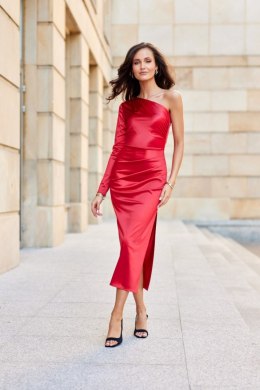 Virginia - satynowa sukienka midi z jednym długim rękawem - czerwony