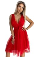 Tiulowa sukienka z dekoltem i kokardką - czerwona