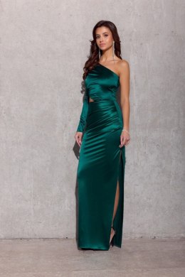 Edith - satynowa sukienka maxi z wycięciem i długim rękawem na jedno ramię - butelkowy zielony