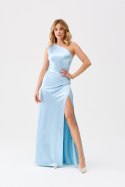 Inez - satynowa sukienka maxi na jedno ramię - błękitny