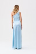 Inez - satynowa sukienka maxi na jedno ramię - błękitny
