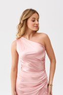 Inez - satynowa sukienka maxi na jedno ramię - różowy