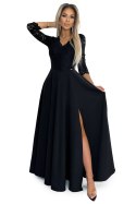 AMBER koronkowa elegancka długa suknia z dekoltem i rozcięciem na nogę - czarna