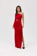 Edith - satynowa sukienka maxi z wycięciem i długim rękawem na jedno ramię - czerwony