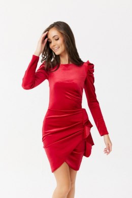 Sharon - welurowa sukienka z falbaną na boku - czerwony