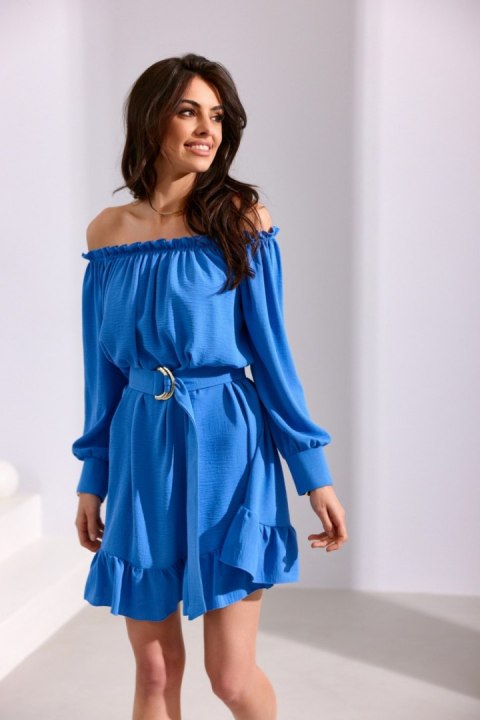 Cindy - sukienka hiszpanka z falbaną i regulowanym paskiem - niebieski