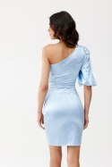 Elena - satynowa sukienka mini z bufiastym rękawem 3/4 - błękitny