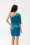 Elena - satynowa sukienka mini z bufiastym rękawem 3/4 - zielony