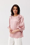 Giana - satynowa bluzka z różą i rękawem 3/4 - różowy