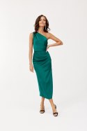 Celine - satynowa sukienka midi na jedno ramię - zielony