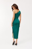 Celine - satynowa sukienka midi na jedno ramię - zielony