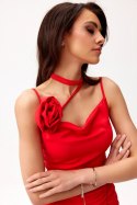 Maribel - midi sukienka z marszczeniem i ozdobną różą - czerwony