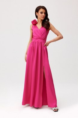 Paloma - satynowa sukienka maxi z ozdobną różą - amarantowy