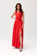 Paloma - satynowa sukienka maxi z ozdobną różą - czerwony