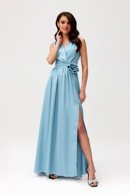 Paloma - satynowa sukienka maxi z ozdobną różą - niebieski