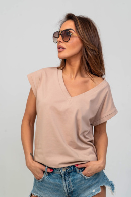 Bawełniana bluzka premium t-shirt z dekoltem w serek V-NECK - beżowa