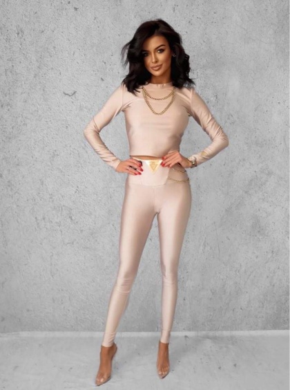 Obcisłe legginsy z łańcuszkami CHAIN FAME ICON - złoty beż