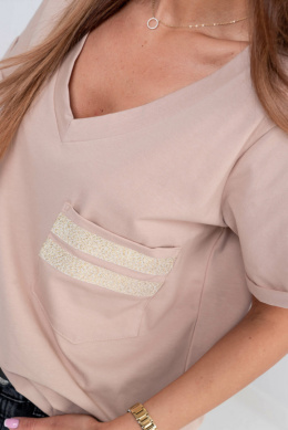 Oversizowa bluzka t-shirt z dekoltem w serek SHINE - beżowa