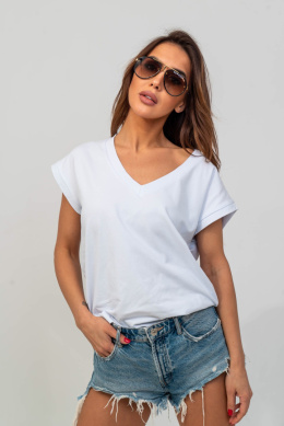 Bawełniana bluzka t-shirt z dekoltem w serek V-NECK - biała