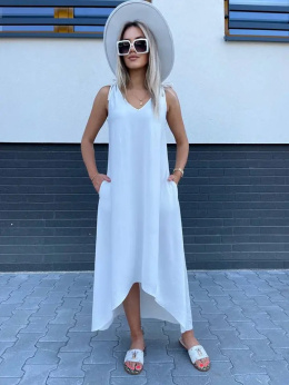 Luźna sukienka maxi na ramiączkach KAROLA z krepy - biała