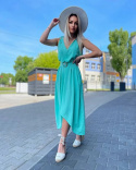 Luźna sukienka maxi na ramiączkach KAROLA z krepy MARINA - seledyn