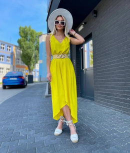 Luźna sukienka maxi na ramiączkach KAROLA z krepy - żółta