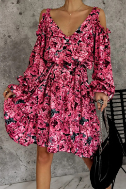 Sukienka midi w kwiaty z odsłoniętymi rękawami ADELE - różowa